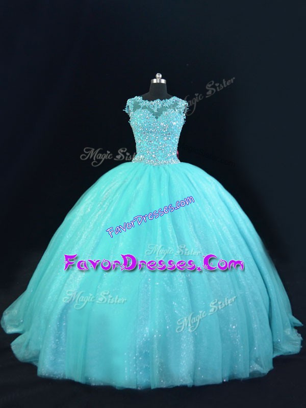 Classical Aqua Blue Tulle Lace Up Sweet 16 Quinceanera Dress Sleeveless Floor Length Beading and Lace