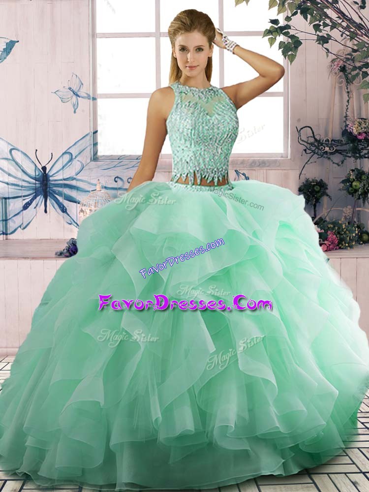 Elegant Apple Green Quinceanera Gowns Sweet 16 and Quinceanera with Beading and Ruffles Scoop Sleeveless Lace Up