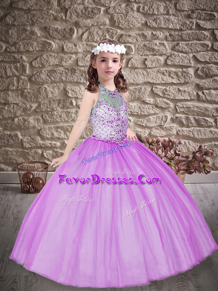 Enchanting Lilac Sleeveless Floor Length Beading Lace Up Little Girls Pageant Dress Wholesale