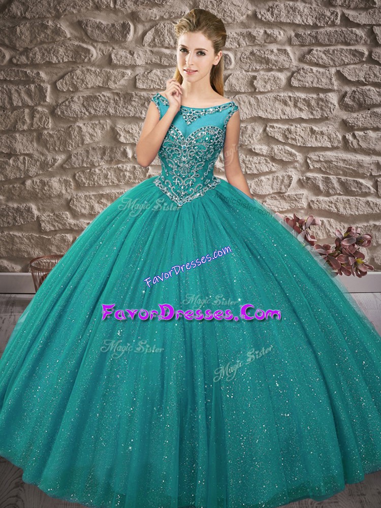 Fashion Peacock Green 15 Quinceanera Dress Military Ball and Sweet 16 and Quinceanera with Beading Off The Shoulder Sleeveless Zipper