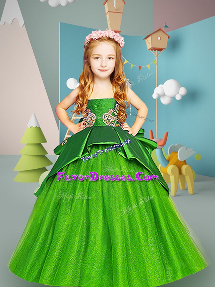  Green Scoop Lace Up Embroidery Girls Pageant Dresses Sleeveless