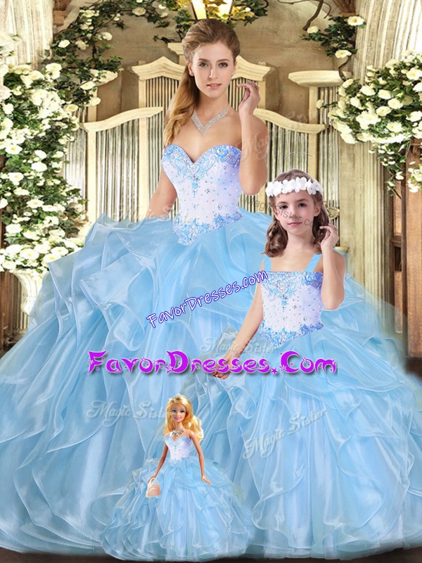 Custom Made Blue Sweetheart Neckline Beading and Ruffles Quince Ball Gowns Sleeveless Lace Up