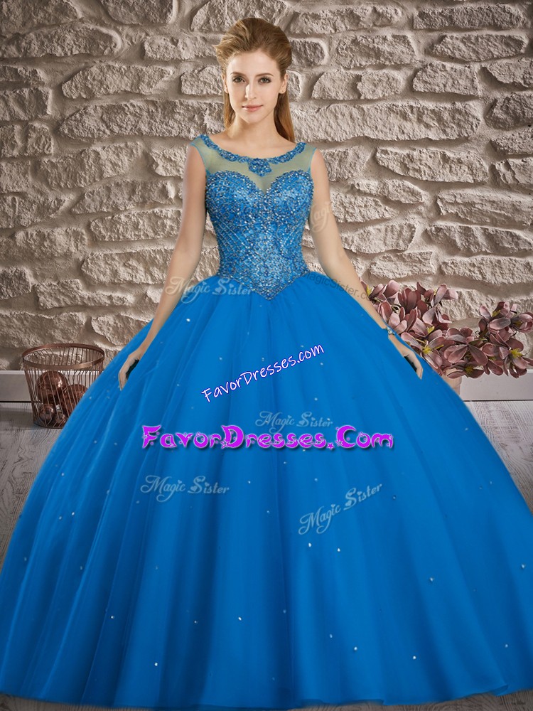 Inexpensive Sleeveless Floor Length Beading Lace Up Quinceanera Gowns with Blue