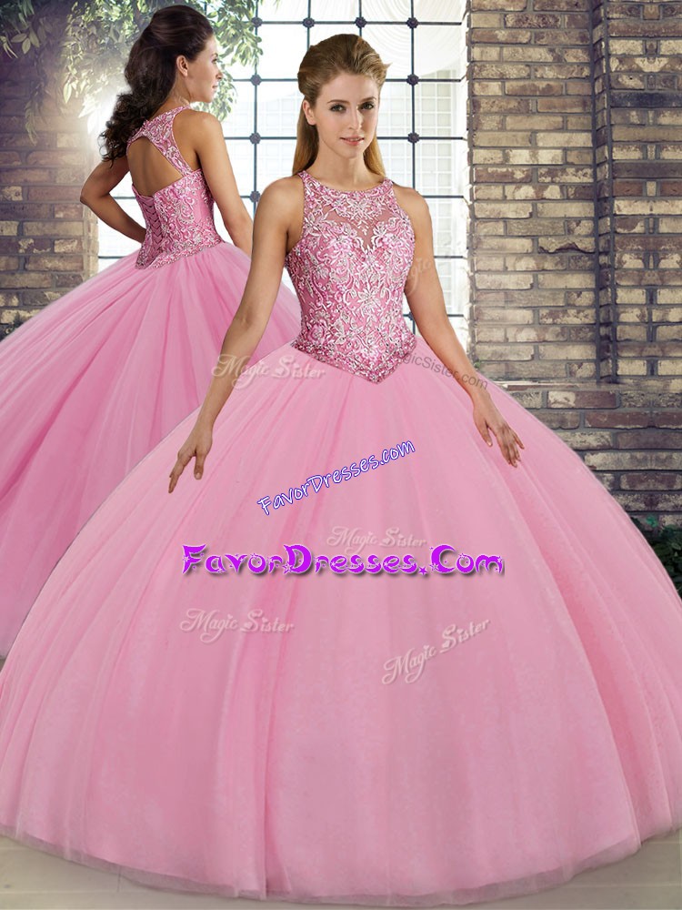 Sophisticated Scoop Sleeveless Lace Up 15 Quinceanera Dress Pink Tulle
