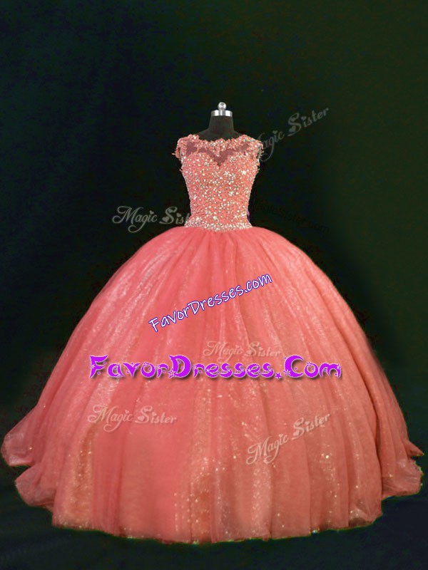 Excellent Orange Lace Up Scoop Beading and Lace Vestidos de Quinceanera Tulle Sleeveless