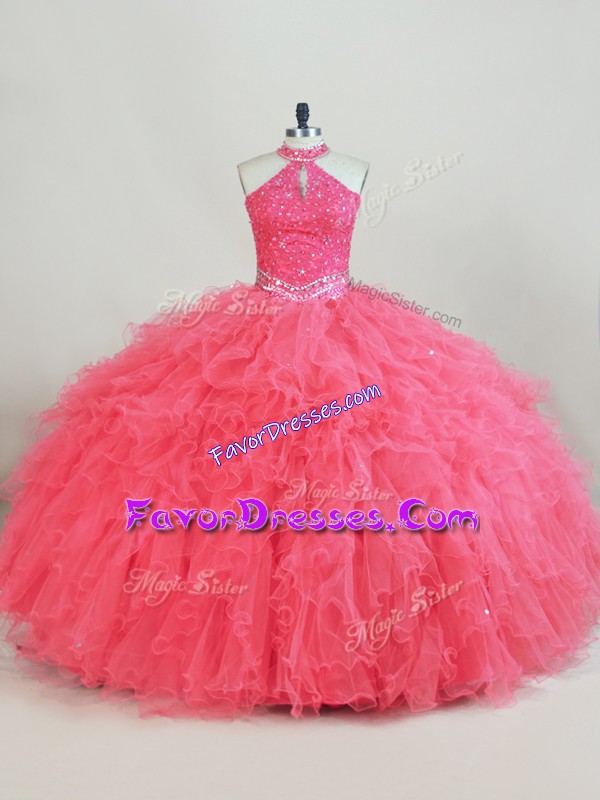  Pink Ball Gown Prom Dress Sweet 16 and Quinceanera with Beading and Ruffles Halter Top Sleeveless Lace Up