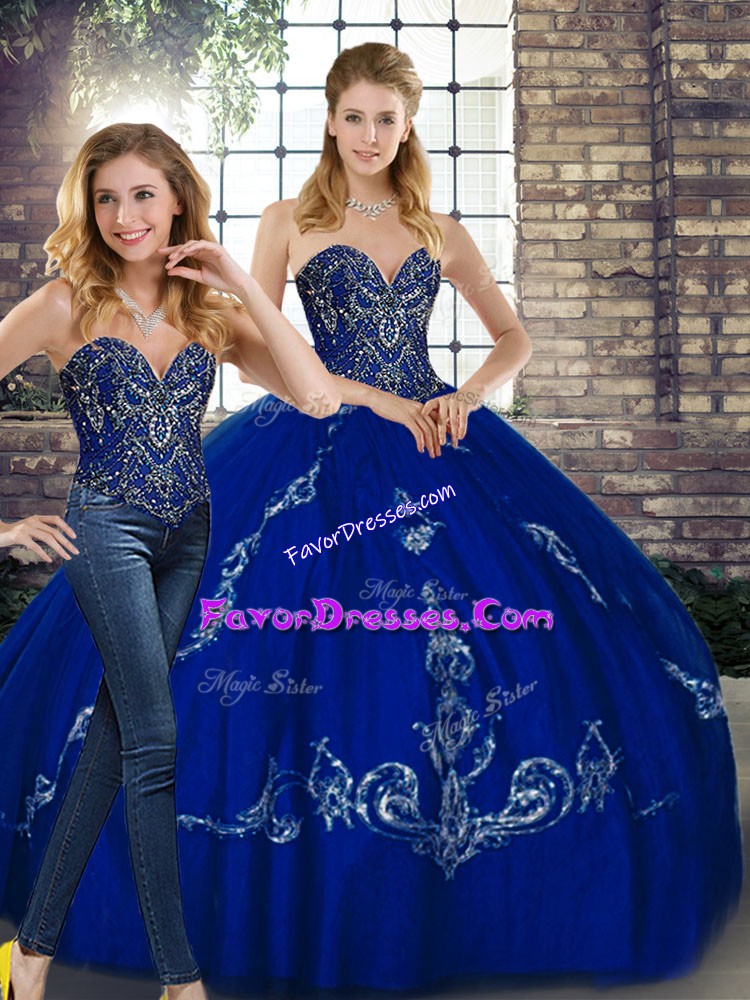Best Selling Royal Blue Sweetheart Lace Up Beading and Embroidery Ball Gown Prom Dress Sleeveless