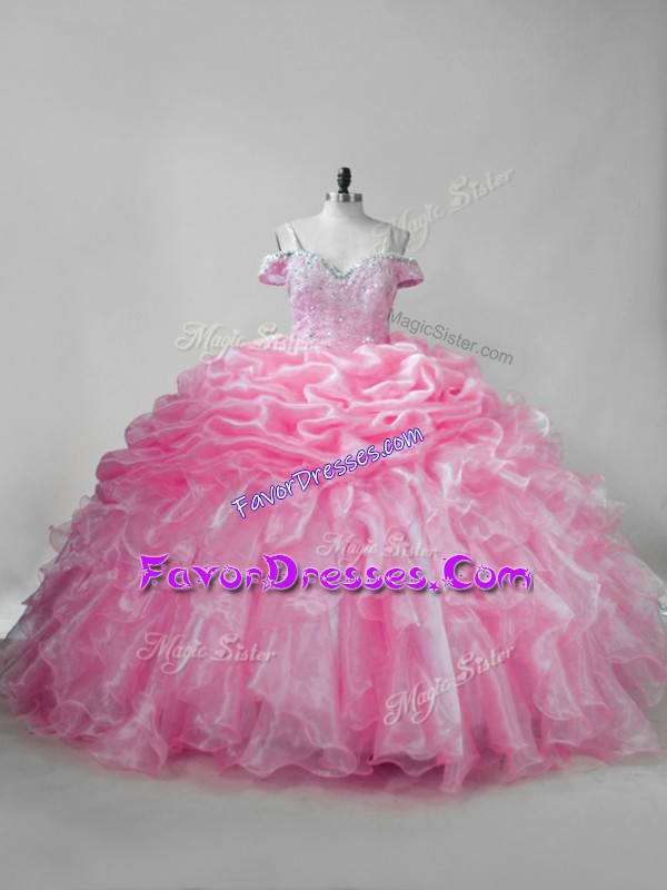 Trendy Beading and Ruffles and Pick Ups 15th Birthday Dress Pink Lace Up Sleeveless Brush Train