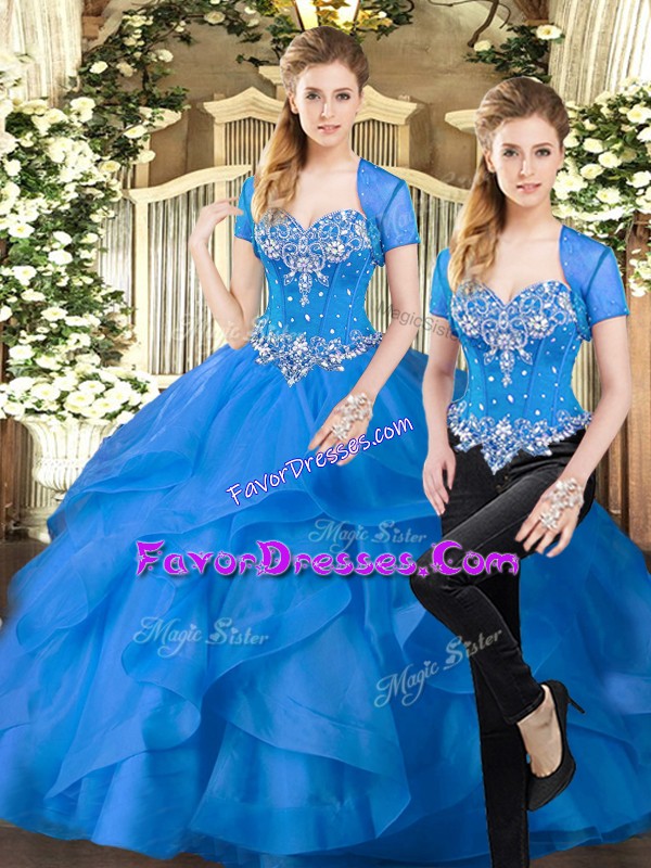 New Arrival Sweetheart Sleeveless Tulle Quince Ball Gowns Beading and Ruffles Lace Up