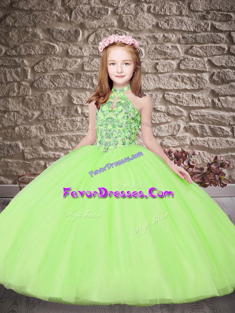  Yellow Green Sleeveless Embroidery Lace Up Pageant Gowns For Girls