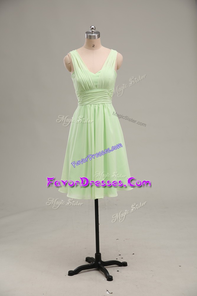 Flare Chiffon V-neck Sleeveless Zipper Ruching Homecoming Dress in Yellow Green