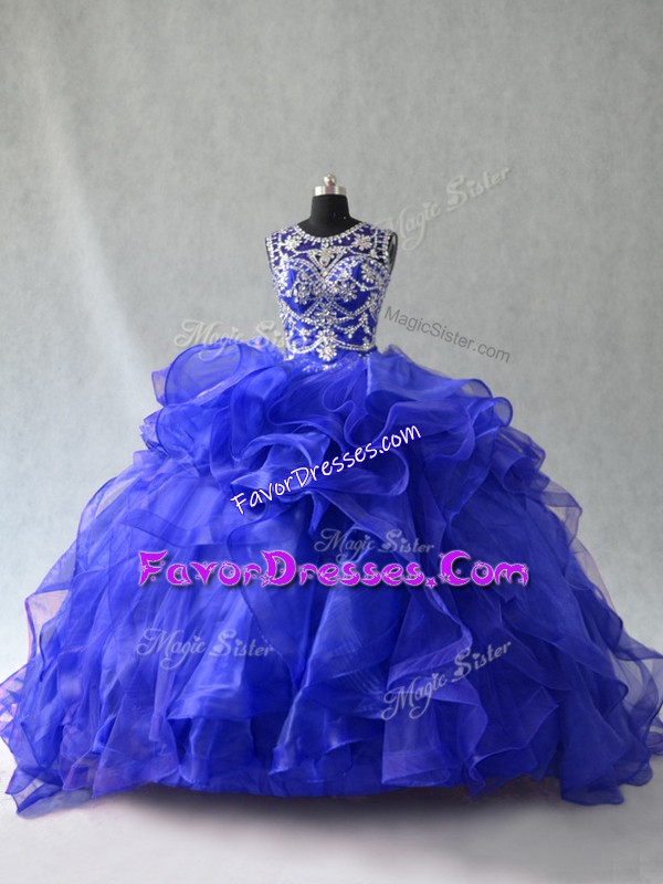 Custom Made Ball Gowns Sweet 16 Quinceanera Dress Royal Blue Scoop Organza Sleeveless Floor Length Lace Up
