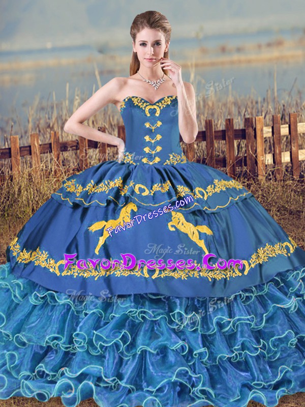  Sweetheart Sleeveless Brush Train Lace Up 15th Birthday Dress Blue Organza