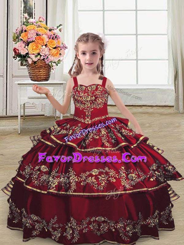 Glorious Straps Sleeveless Kids Formal Wear Floor Length Embroidery and Ruffled Layers Burgundy Satin
