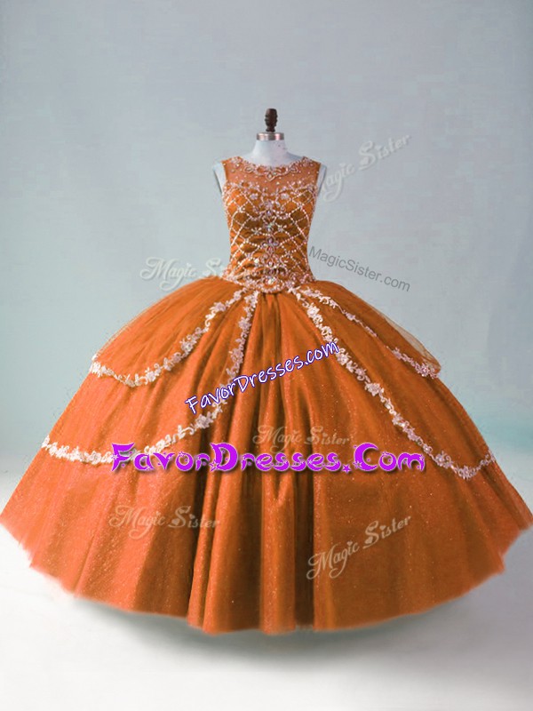  Beading and Appliques Quinceanera Dresses Rust Red Zipper Sleeveless Floor Length