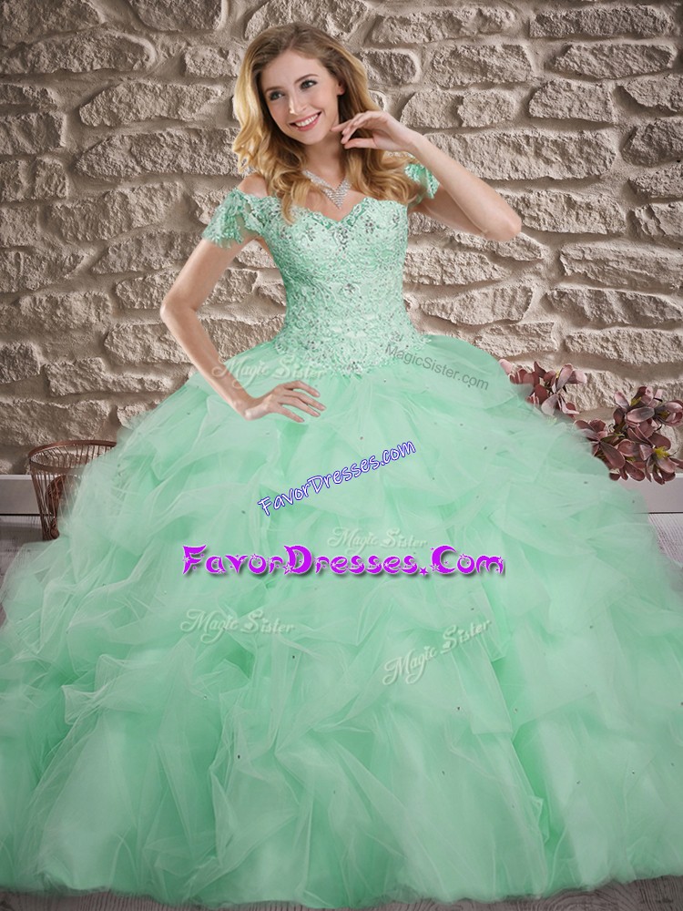 Clearance Apple Green Sleeveless Sweep Train Lace and Pick Ups Sweet 16 Dresses