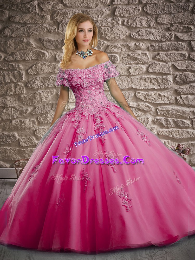 Ideal Rose Pink Short Sleeves Tulle Brush Train Lace Up Sweet 16 Dresses for Military Ball and Sweet 16 and Quinceanera