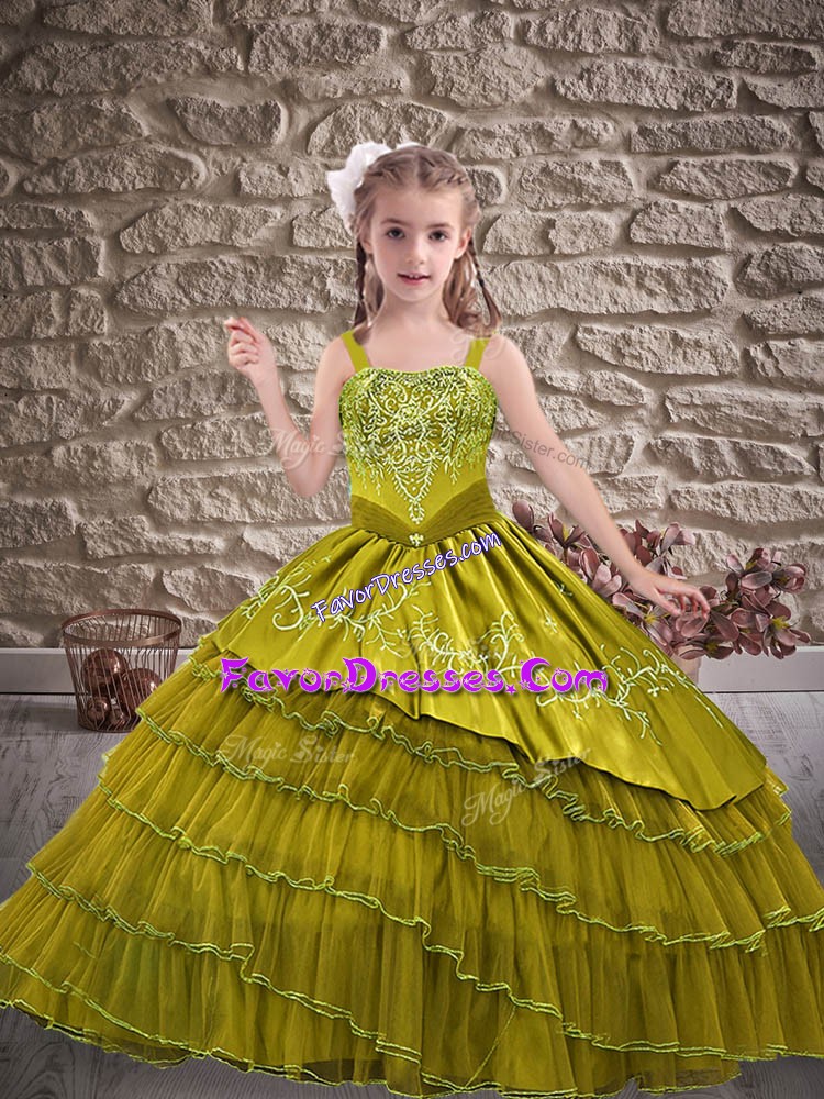 Exquisite Olive Green Organza Lace Up Straps Sleeveless Floor Length Child Pageant Dress Embroidery and Ruffled Layers
