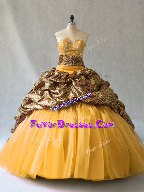 Amazing Gold Sleeveless Brush Train Beading and Pick Ups Quinceanera Gown