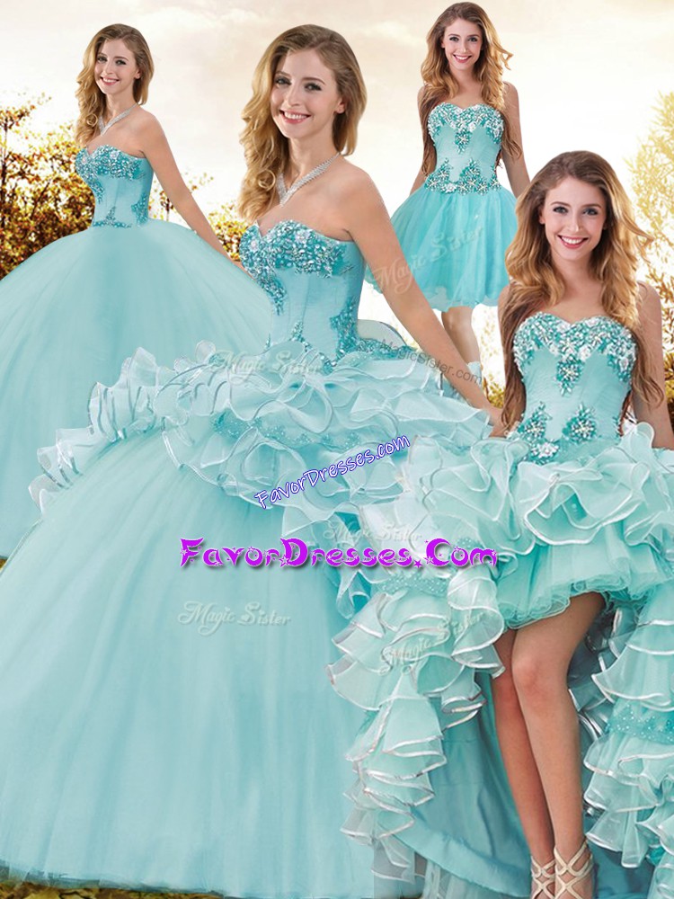 Fantastic Aqua Blue Sweetheart Lace Up Beading and Ruffles Ball Gown Prom Dress Brush Train Sleeveless