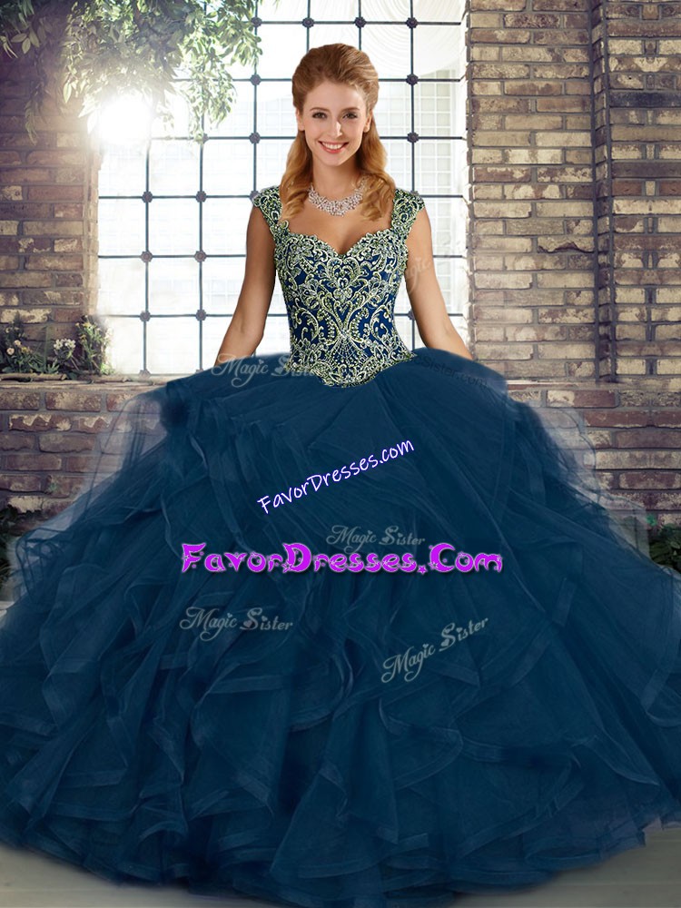 Fashion Straps Sleeveless Lace Up Quince Ball Gowns Blue Tulle