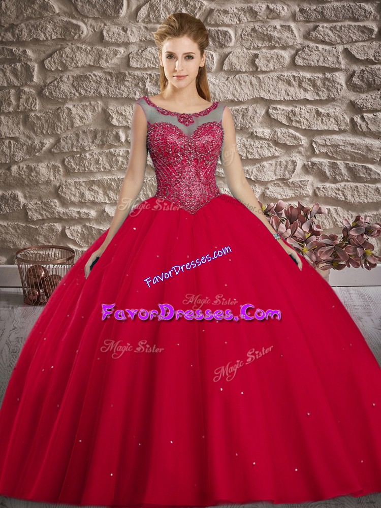 Captivating Red 15th Birthday Dress Military Ball and Sweet 16 and Quinceanera with Beading Scoop Sleeveless Lace Up