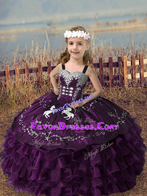 Organza Straps Sleeveless Lace Up Embroidery and Ruffled Layers Pageant Dress in Dark Purple