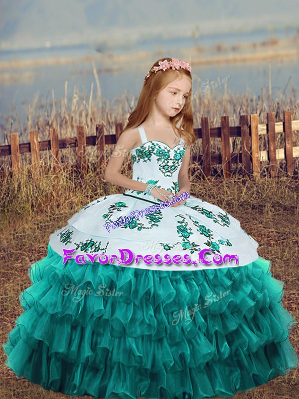  Straps Sleeveless Organza Child Pageant Dress Embroidery and Ruffled Layers Lace Up