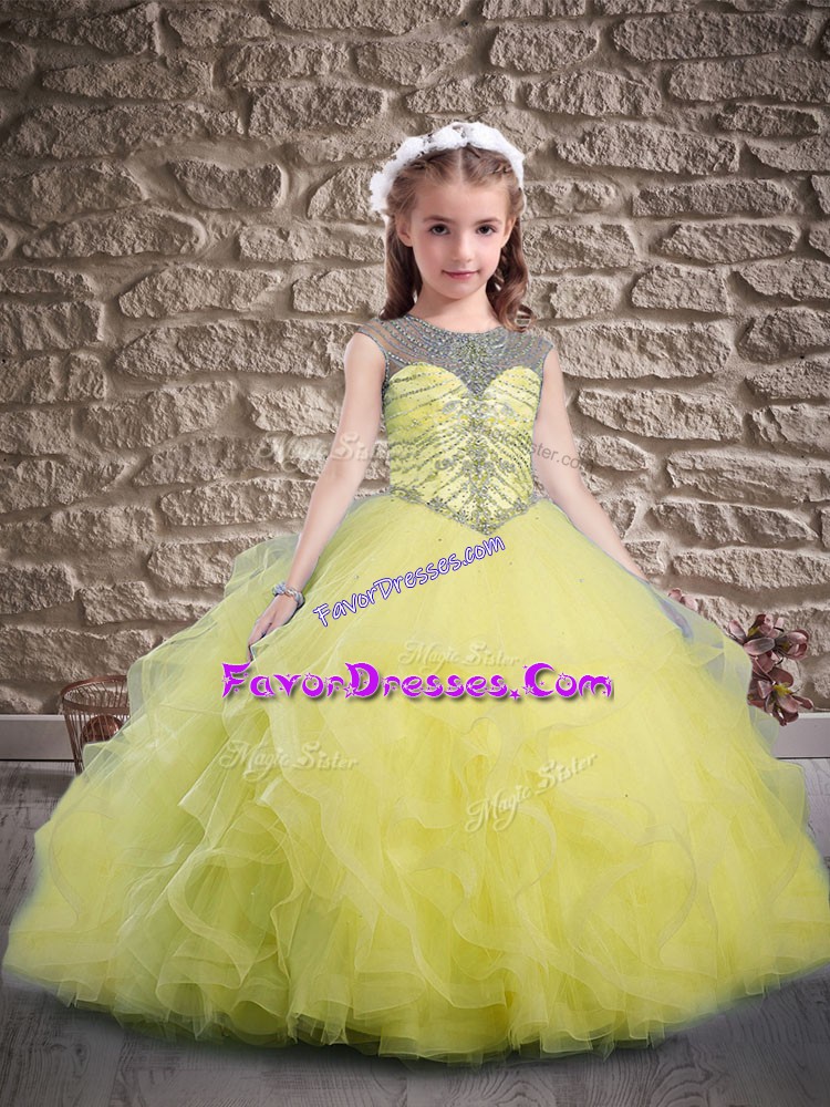  Sleeveless Tulle Sweep Train Lace Up Little Girl Pageant Gowns in Yellow with Beading and Ruffles