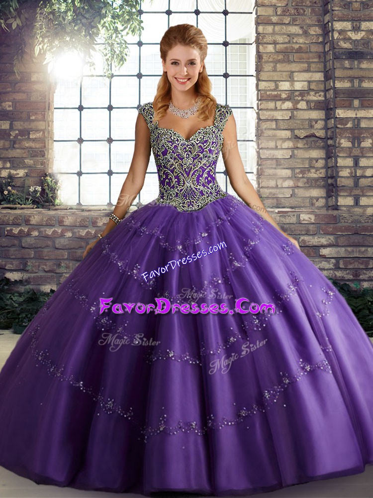  Purple Sleeveless Beading and Appliques Floor Length Ball Gown Prom Dress