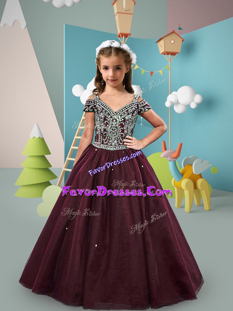  Burgundy Ball Gowns Tulle Off The Shoulder Short Sleeves Beading Floor Length Lace Up Pageant Dress for Womens