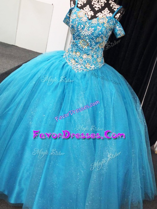 Fantastic Baby Blue Sleeveless Beading Floor Length Ball Gown Prom Dress