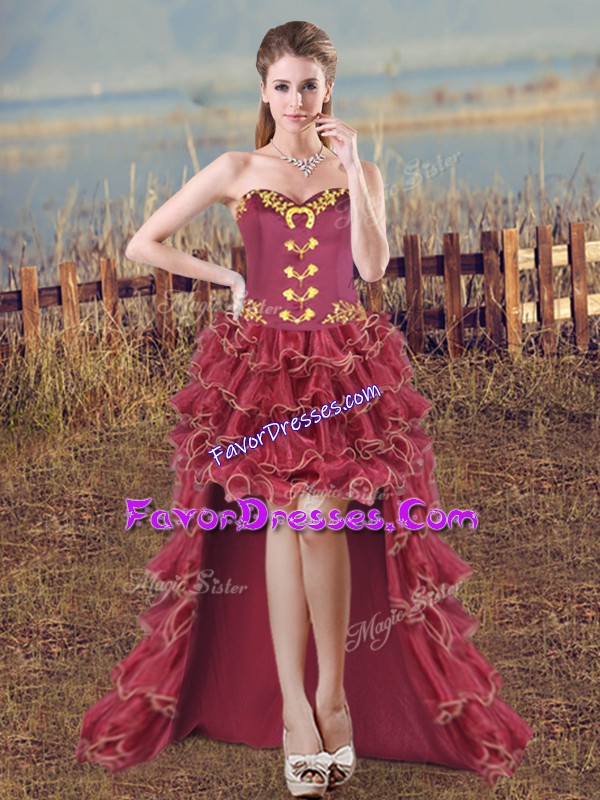 Unique Burgundy Sweetheart Lace Up Embroidery and Ruffles Prom Evening Gown Sleeveless