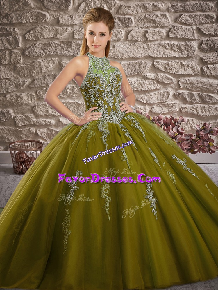 Gorgeous Olive Green Ball Gowns Halter Top Sleeveless Tulle Brush Train Lace Up Beading and Appliques Vestidos de Quinceanera