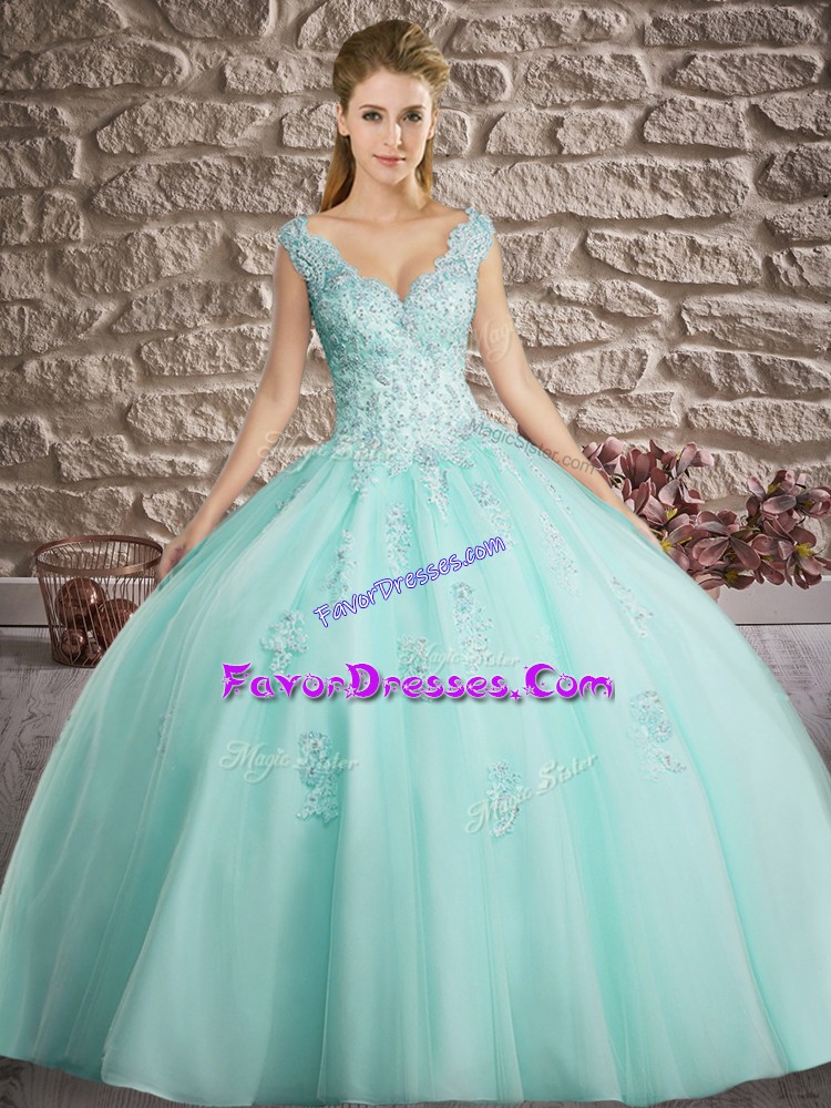  Apple Green Tulle Lace Up 15th Birthday Dress Sleeveless Floor Length Appliques