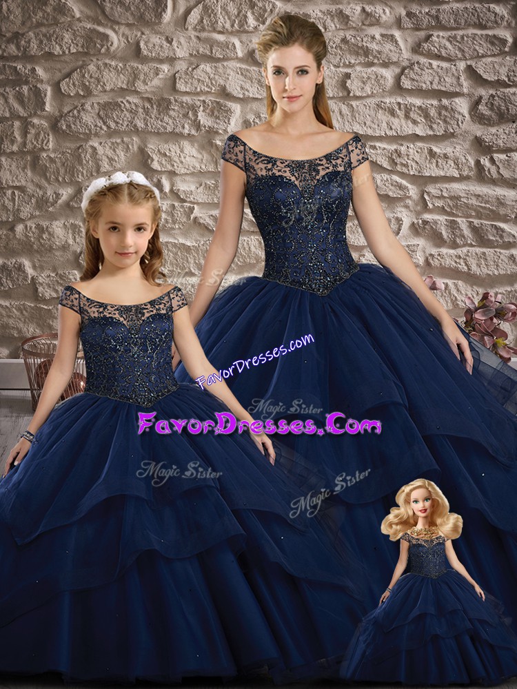  Navy Blue Sweet 16 Dress Military Ball and Sweet 16 and Quinceanera with Lace and Ruffled Layers Off The Shoulder Sleeveless Brush Train Lace Up
