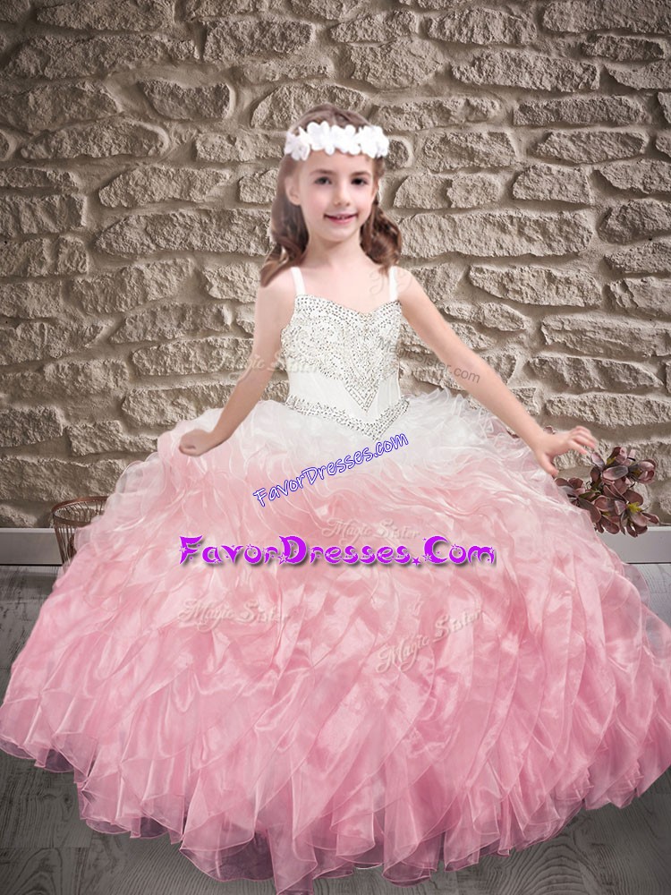 Graceful Pink Ball Gowns Organza Straps Sleeveless Beading and Ruffles Lace Up Girls Pageant Dresses Sweep Train