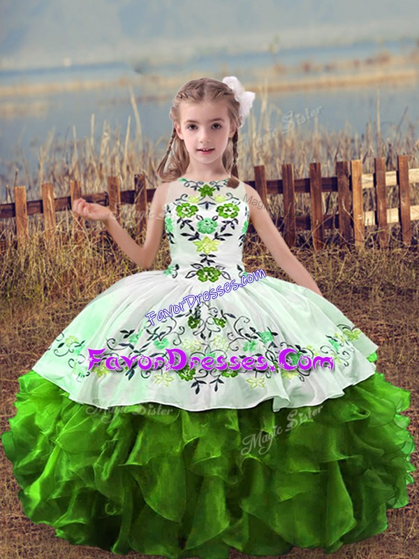 High End Embroidery and Ruffles Little Girl Pageant Dress Green Lace Up Sleeveless Floor Length