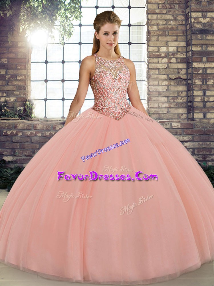High End Floor Length Ball Gowns Sleeveless Peach Sweet 16 Dresses Lace Up
