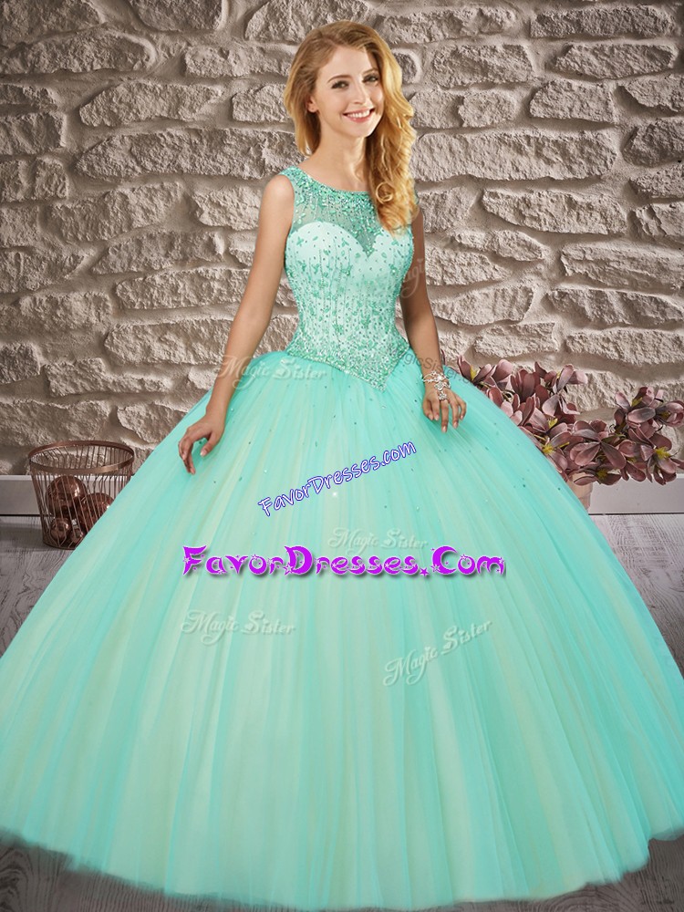 Fine Apple Green Ball Gowns Tulle Scoop Sleeveless Beading Backless Ball Gown Prom Dress Brush Train
