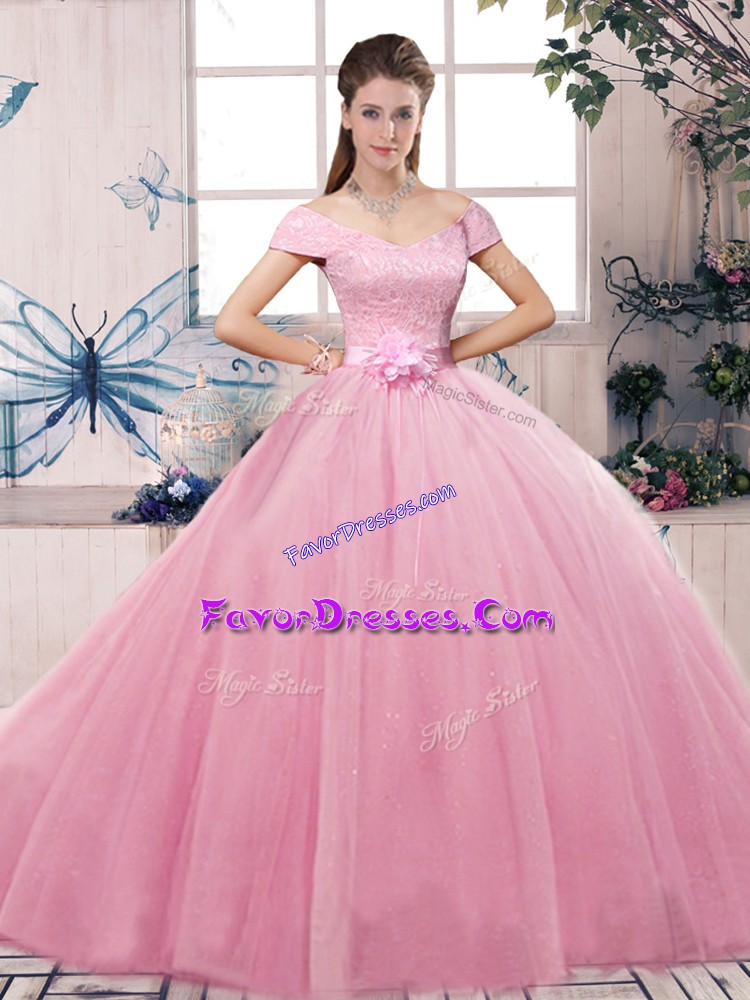  Rose Pink Off The Shoulder Neckline Lace and Hand Made Flower Quinceanera Dress Short Sleeves Lace Up