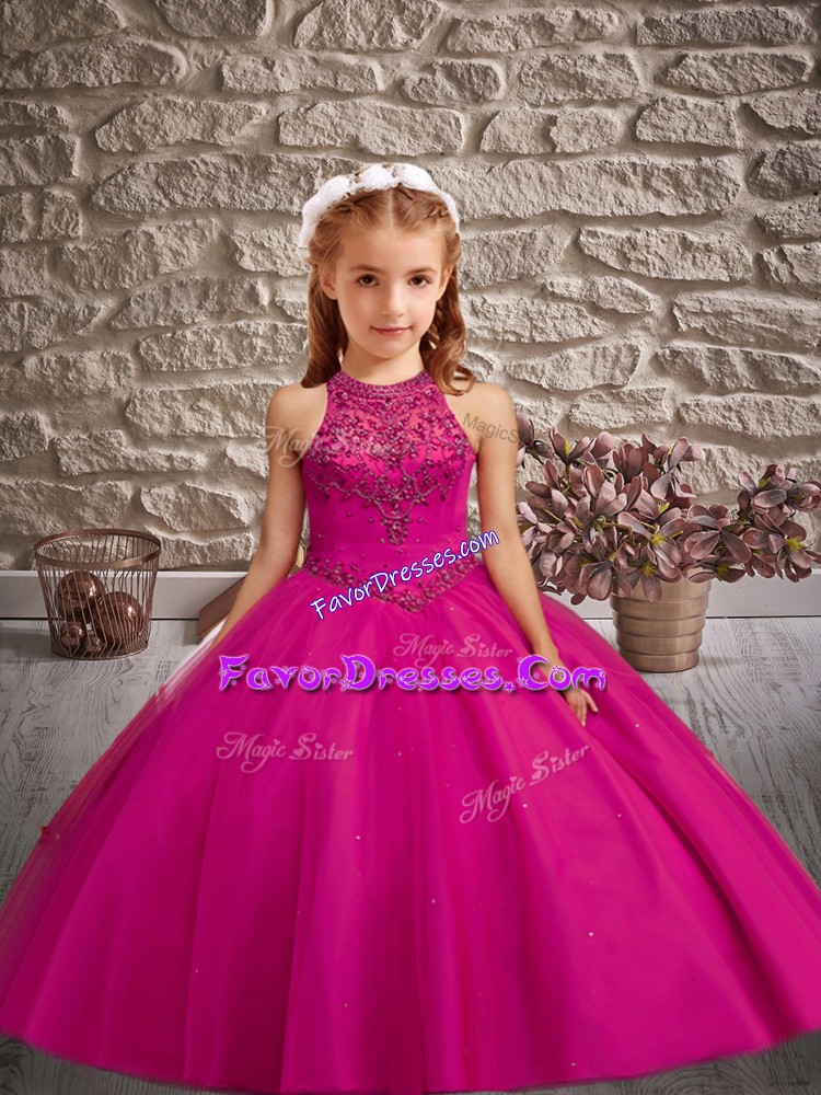 Hot Selling Fuchsia Ball Gowns Beading Little Girl Pageant Dress Lace Up Tulle Sleeveless