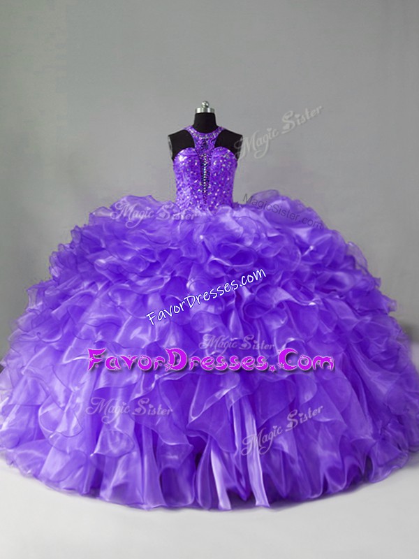 Brush Train Ball Gowns Vestidos de Quinceanera Lavender Halter Top Organza Sleeveless Zipper