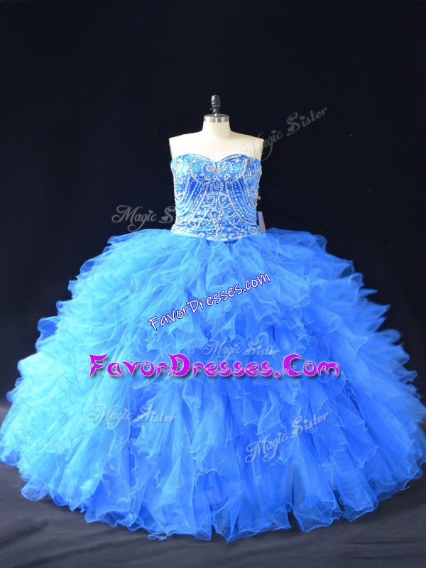 Sexy Sleeveless Floor Length Beading and Ruffles Lace Up Ball Gown Prom Dress with Blue