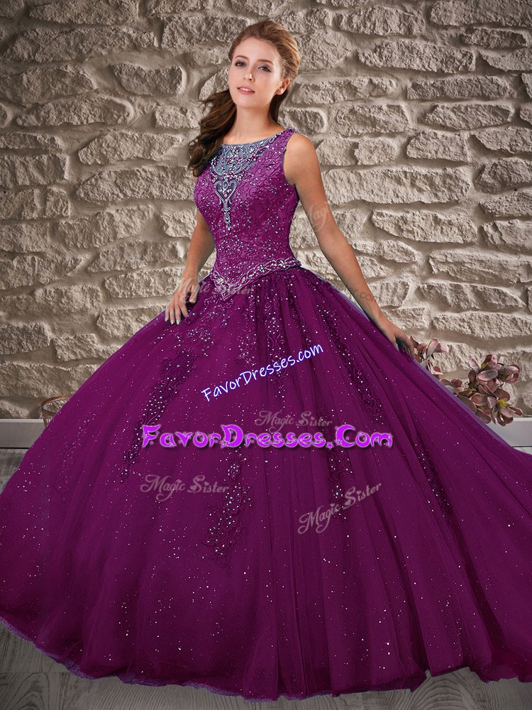 Custom Designed Dark Purple Ball Gowns Tulle Scoop Sleeveless Beading and Appliques Zipper Vestidos de Quinceanera Brush Train
