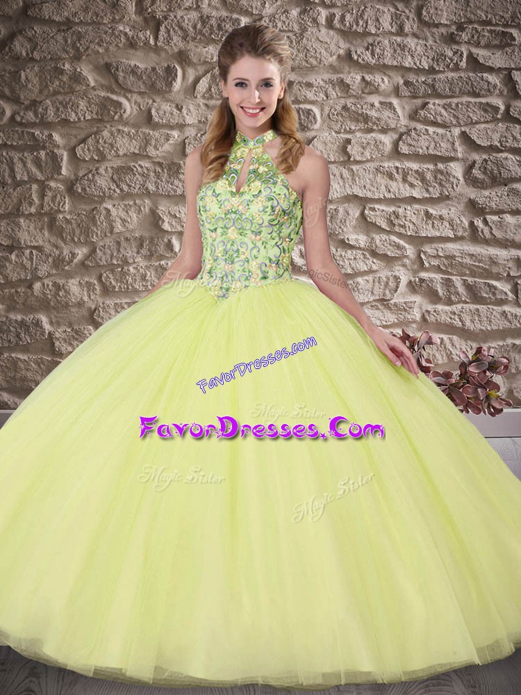 Amazing Ball Gowns Sleeveless Yellow Green 15 Quinceanera Dress Brush Train Lace Up