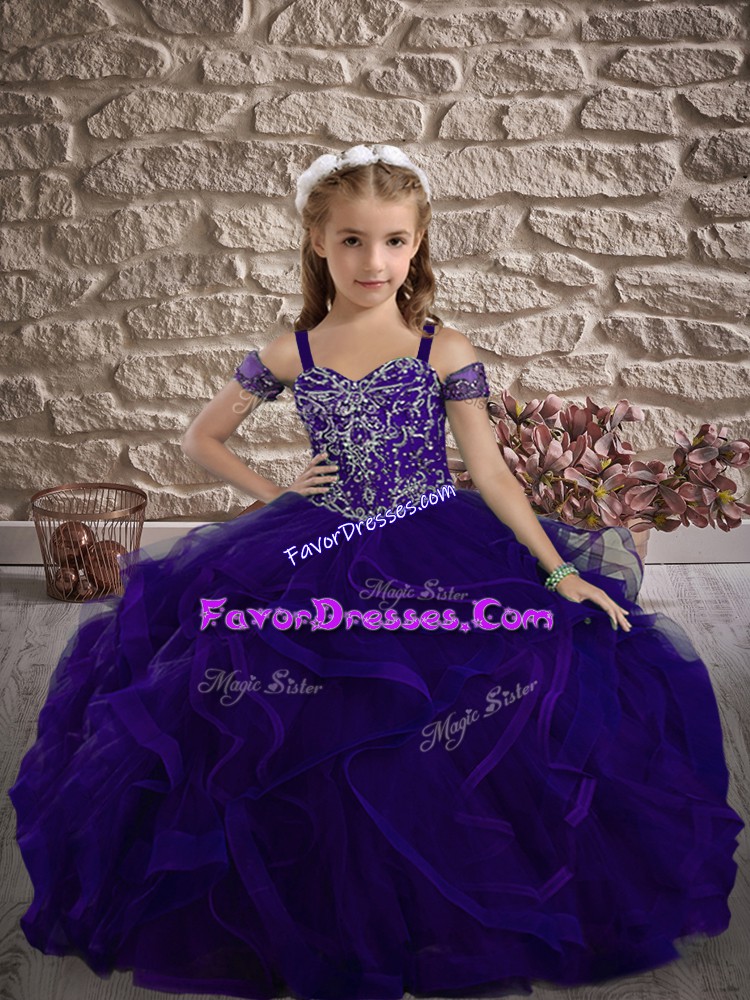  Purple Straps Lace Up Beading and Ruffles Pageant Dress for Womens Sweep Train Sleeveless
