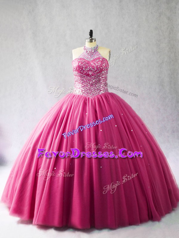  Hot Pink Lace Up Halter Top Beading Ball Gown Prom Dress Tulle Sleeveless Brush Train