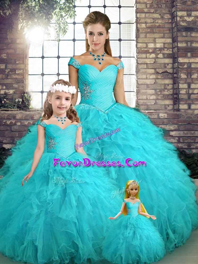  Aqua Blue Off The Shoulder Neckline Beading and Ruffles Quinceanera Gowns Sleeveless Lace Up