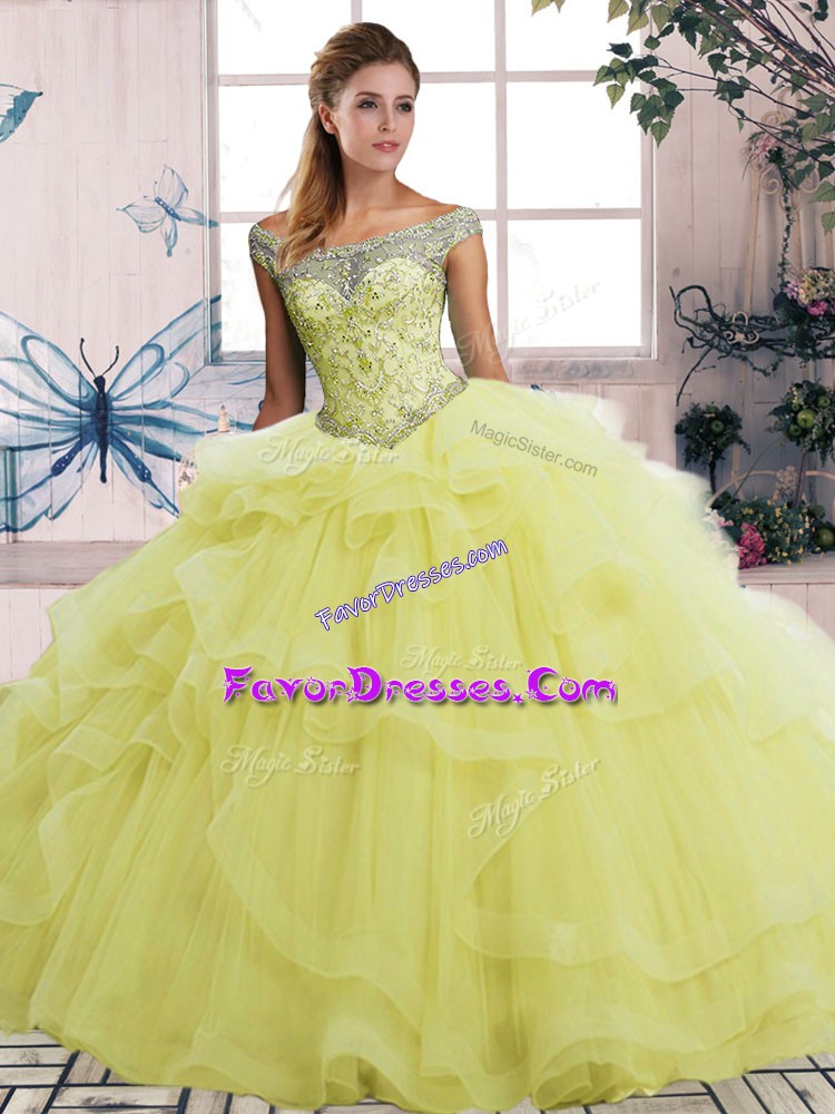  Yellow Quinceanera Gown Military Ball and Sweet 16 and Quinceanera with Beading and Ruffles Off The Shoulder Sleeveless Lace Up